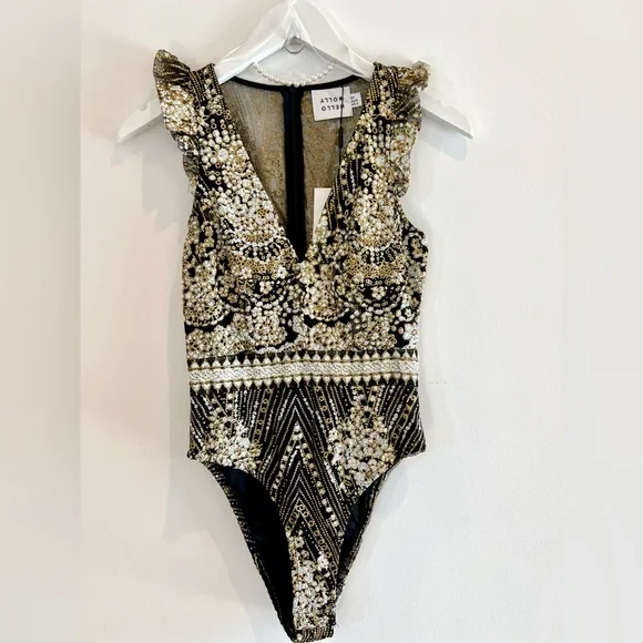 Bodysuit NWT Black & Gold Glitter Deep V Glam Party Hello Molly XS - Picture 2 of 6